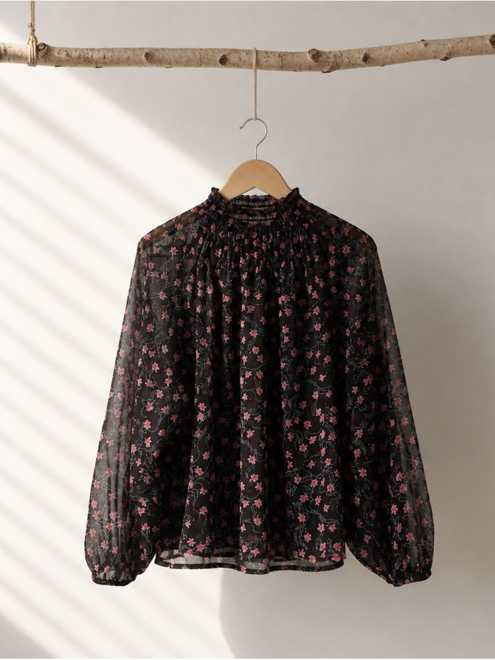 Elizabeth & James Smocked Sheer Floral Blouse with Pink Accent